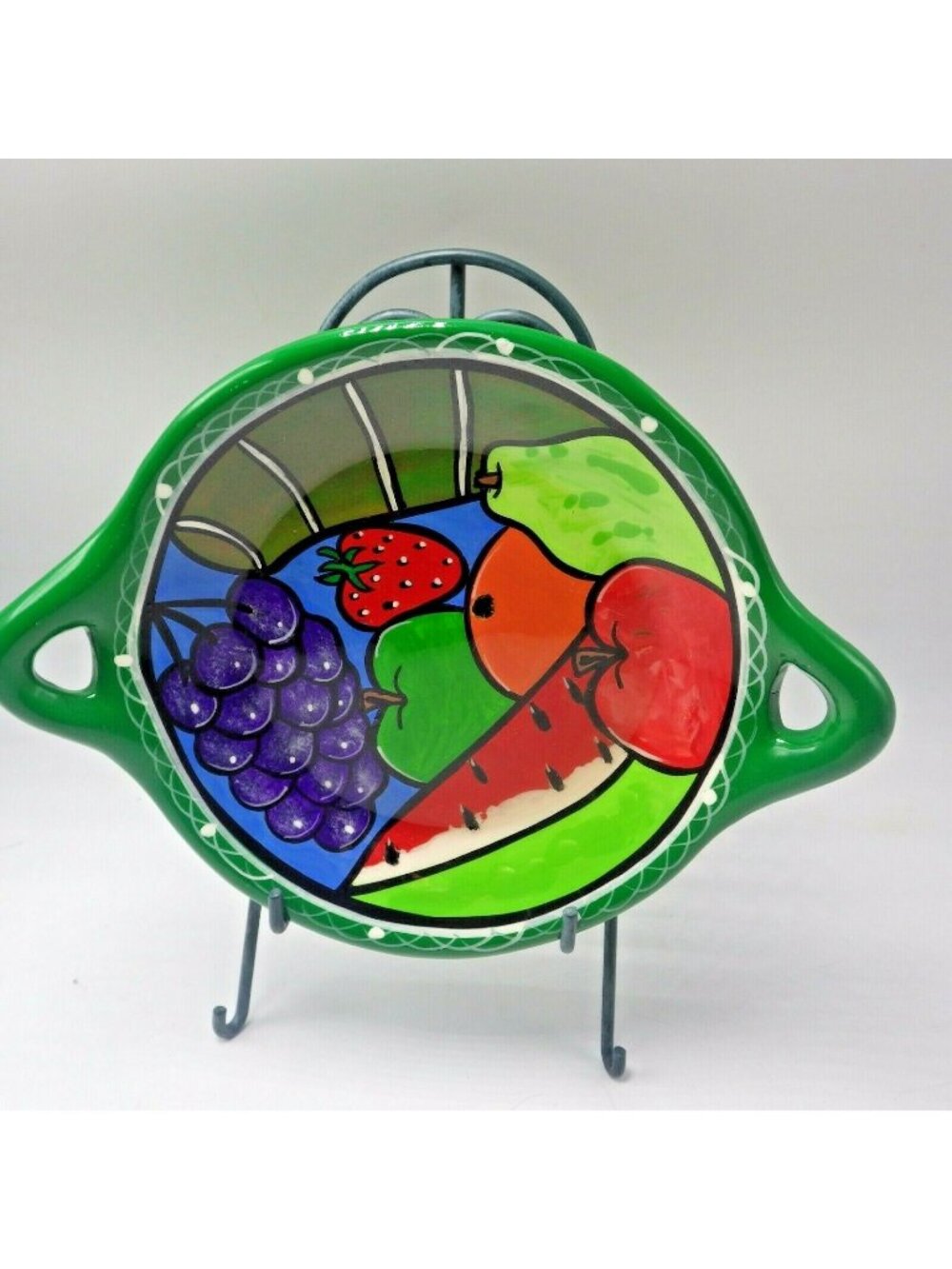 Ceramic Serving Dish Fruit Plate Bowl Handles Green Hand Painted Mexico Unique